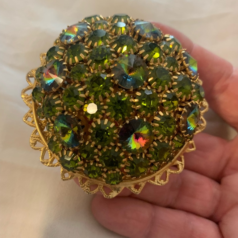 Vintage Large Dome Elegant Green Rhinestones and Gold Brooch Pin
